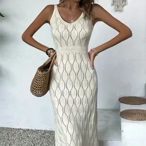 Women Sexy Knitted Beach Dress Sleeveless Hollow Out V-Neck Perspective Maxi Sundress For Seaside Holiday Party Sunscreen Clothing