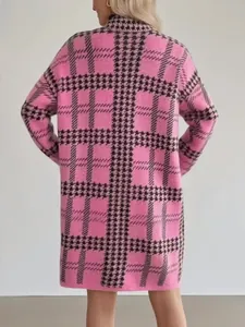 Back view of a long pink and black houndstooth knit cardigan coat for autumn and winter