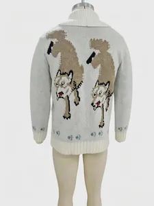 Detailed back view of a retro knit cardigan featuring artistic twin wolf jacquard pattern