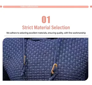 Macro view of navy blue knitted texture and drawstring detail on men's hooded sweater