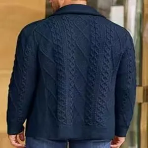 Detailed back view of men's navy blue cable knit cardigan sweater for autumn winter