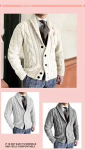 Détail d'un cardigan pour homme à col châle avec des motifs de maille torsadée