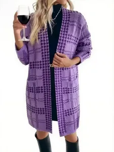 Elegant purple houndstooth long knit cardigan with functional pockets shown on a model