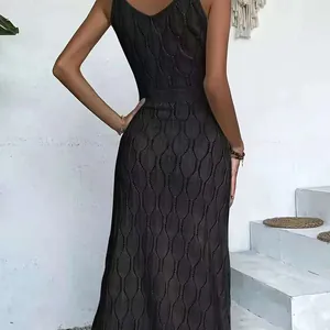 Sexy black knitted sleeveless hollow-out see-through beach vacation maxi dress