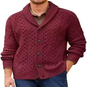 Mens burgundy shawl collar cardigan sweater with cable knit texture and buttons