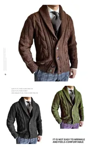 Detailed view of men's cable-knit shawl collar cardigan sweaters in various colors
