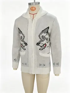 Close-up view of vintage white knit cardigan featuring grey wolf jacquard and zip-up front