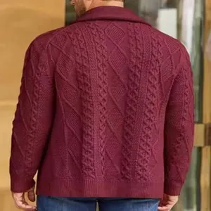 Back detail of a maroon cable-knit cardigan sweater for men showing textured patterns