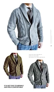 Detailed view of men's cable-knit cardigan featuring a shawl collar and soft texture