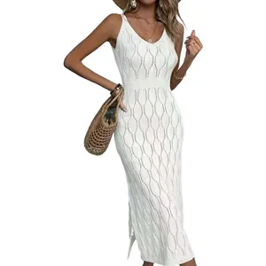 Elegant white sleeveless knitted hollow-out beach midi dress with side slit for women