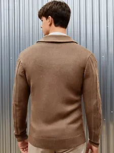 Rear view of men's brown knit cardigan showing ribbed hem and cable knit sleeves