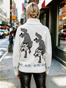 Back view of a white vintage knit cardigan with detailed grey wolf jacquard patterns