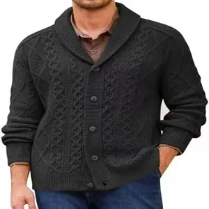 Detail view of men's business shawl collar cardigan with textured knit pattern