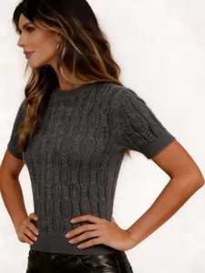 Detailed view of dark grey retro cable knit short sleeve sweater