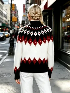 Vista posteriore di una donna che indossa un maglione bianco Fair Isle a motivi rossi.
