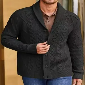 Detailed close-up of a black cable-knit shawl collar cardigan for men's business fashion