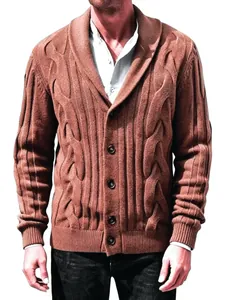 Detailed view of men's brown cable knit cardigan with shawl collar and buttons