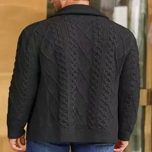 Back view detail of men's black cable-knit cardigan with textured geometric pattern.
