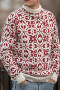 Détail en gros plan du motif jacquard rétro rouge et blanc sur ce pull en maille élégant