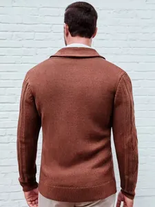 Detailed back view of men's brown knitted cardigan showing ribbed texture and lapel collar