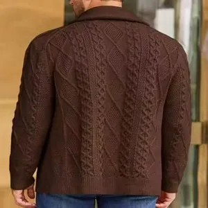 Rear view detail of men's brown cable knit cardigan sweater with textured pattern
