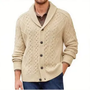 Close-up detail of a beige cable-knit cardigan for men with brown buttons