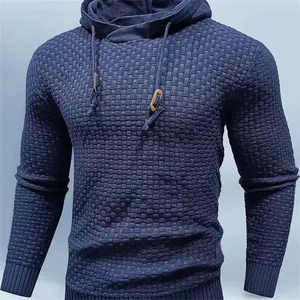 Men's Slim Fit Wool Blend Hooded Sweater Waffle Knit Jacquard Pull-Over Casual Sports Long Sleeve Top Jacket For Winter Autumn