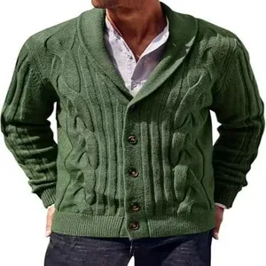 Detailed view of a men's dark green shawl collar cable-knit cardigan sweater with buttons