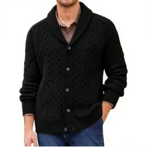 Close-up of black men's cable-knit cardigan showing single-breasted button detail