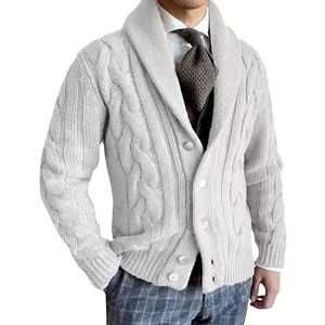 Stylish men's cable knit shawl collar cardigan sweater with buttons in white color