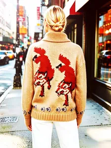 Back view of retro beige cardigan featuring double red wolf jacquard knitted patterns