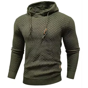 Casual army green men's hooded knitted sweater with a distinctive waffle texture