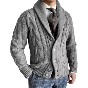 Men's classic grey cable-knit shawl collar cardigan sweater with button-down front.