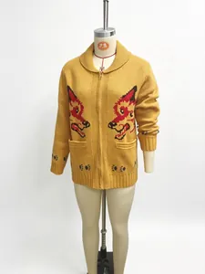 Vintage yellow wolf jacquard zip-up cardigan with lapel on mannequin