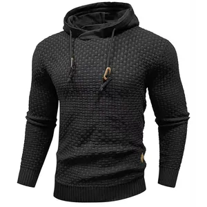 Stylish men's charcoal grey waffle knit hooded sweater with adjustable drawstring cords