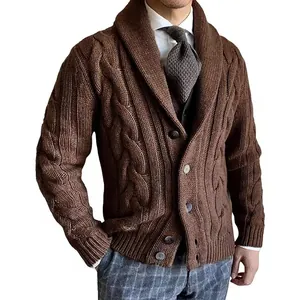Men's classic brown shawl collar cable knit cardigan sweater jacket with buttons