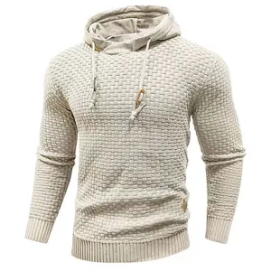 Stylish men's beige hooded knit sweater featuring a premium textured waffle weave pattern