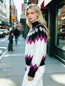 Vista dettagliata del maglione dolcevita jacquard Fair Isle con motivo a rombi viola