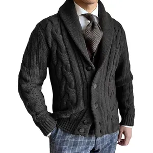 Men's charcoal grey cable knit cardigan with shawl collar and button closure style