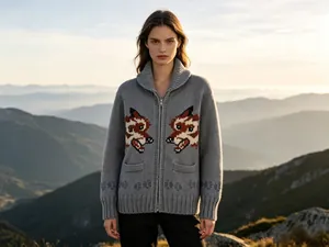 Cozy vintage gray knitted cardigan featuring detailed wolf jacquard and front zip
