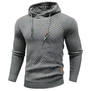 Modern grey men's hooded knitted sweater featuring premium waffle texture and casual style