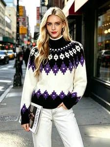 Vista street style di una donna con un maglione in maglia Fair Isle e motivi viola