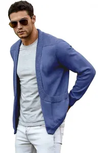 Eleganter Herren-Strickcardigan in Blau mit Schalkragen und feiner Strickstruktur