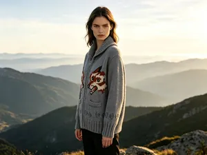 Detailed side view of a grey zip-up cardigan with wolf jacquard patterns on mountain top.