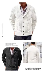 Detail views of men's cable knit shawl collar cardigan sweater in white and grey