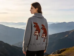 Detailed back view of vintage wolf jacquard knit cardigan against mountain vista