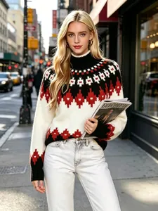Dettaglio del maglione jacquard Fair Isle da donna con collo a lupetto in città.