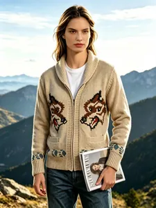 Detail shot of vintage knit cardigan with symmetrical wolf jacquard pattern and zipper closure