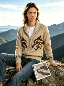 Retro beige knit cardigan featuring double wolf jacquard and front zipper for winter