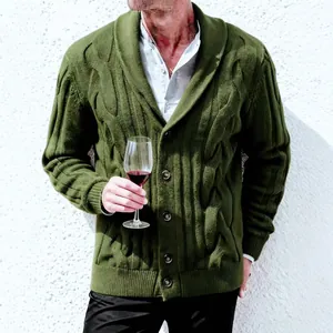 Men's Fashion Shawl Collar Cable Knit Cardigan Sweater Solid Color Long Sleeve Button Up Outerwear Coat for Winter Autumn